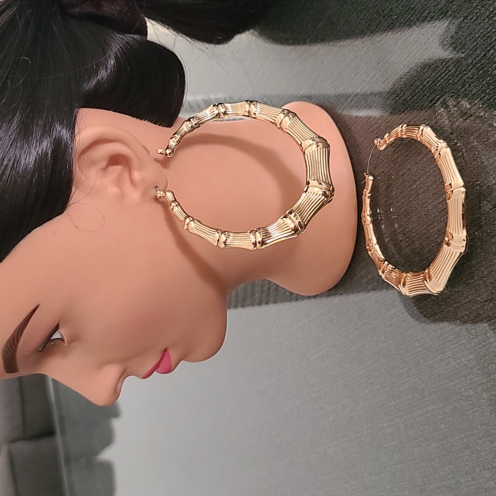 GUESS Gold Tone Bamboo Hoop Earrings 80mm 3" Door Knocker Hip Hop 90s Statement - Picture 4 of 13